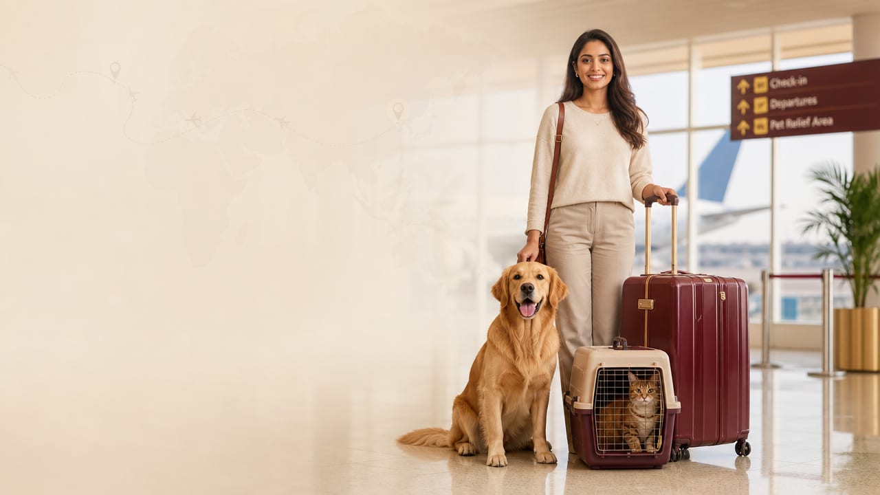 Pet parent with a golden retriever and a travel crate at the airport